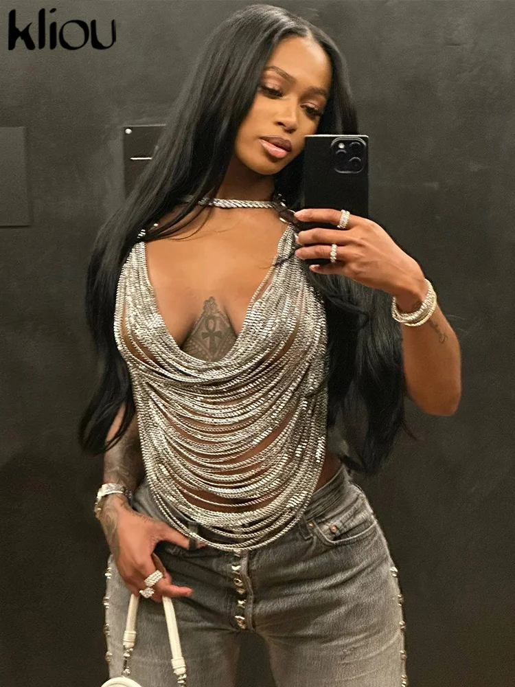 Kliou Y2K Halter Chain Decoration Crop Tops Women New Summer Fashion Sexy Backless Cleavage Tanks Female Party Midnight Camis - Image 4